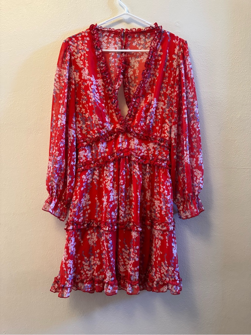 Red Floral Ruffle Mini Dress Boho Cutout Back Chiffon Long Sleeve Size M